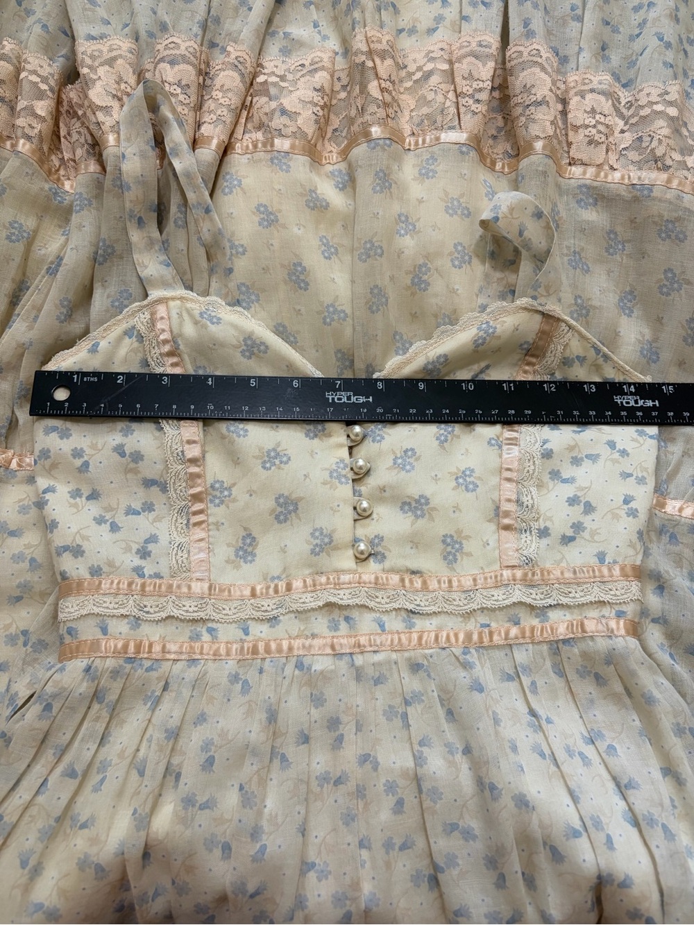 Gunne Sax Vintage Floral Tiered Maxi Sundress Lace Trim Boho Cream Beige Size 7 - Picture 10 of 14
